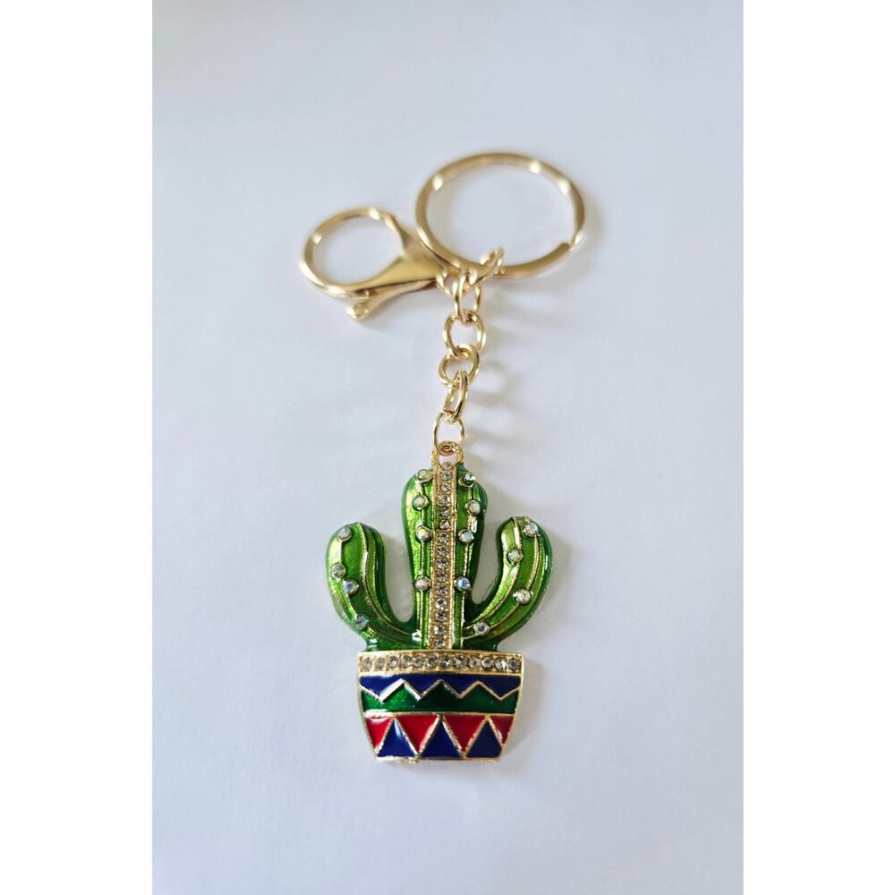 Gold Green Bling Catcus Bag Charm Key Chain New